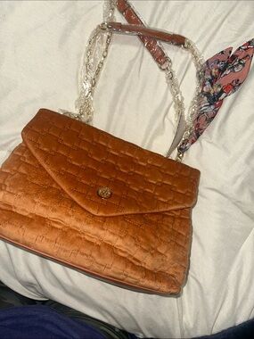Anne Klein Quilted Velvet Shoulder Bag in Rust with Floral Scarf Accent NWT